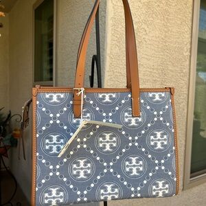 💙 Tory Burch T Monogram Denim Small Tote